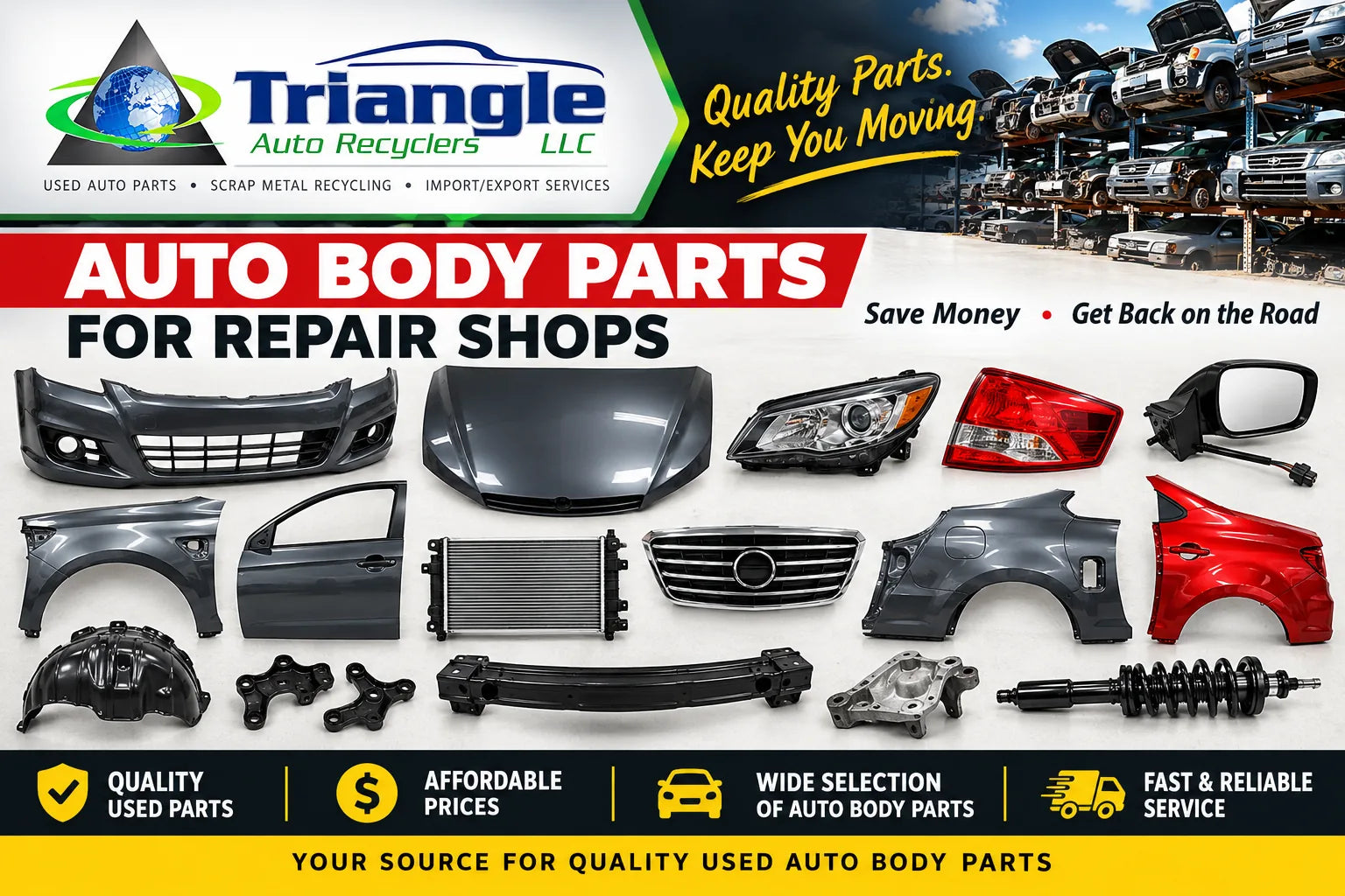 Triangle Auto Recyclers auto body parts for repair shops: bumpers, hoods, fenders, doors, lights