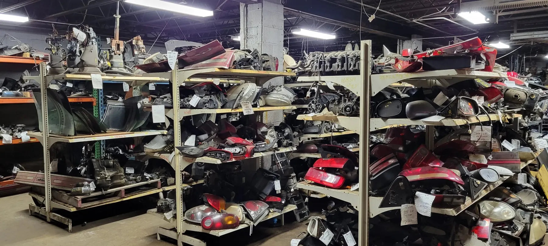 An aisle of tagged parts in our warehouse